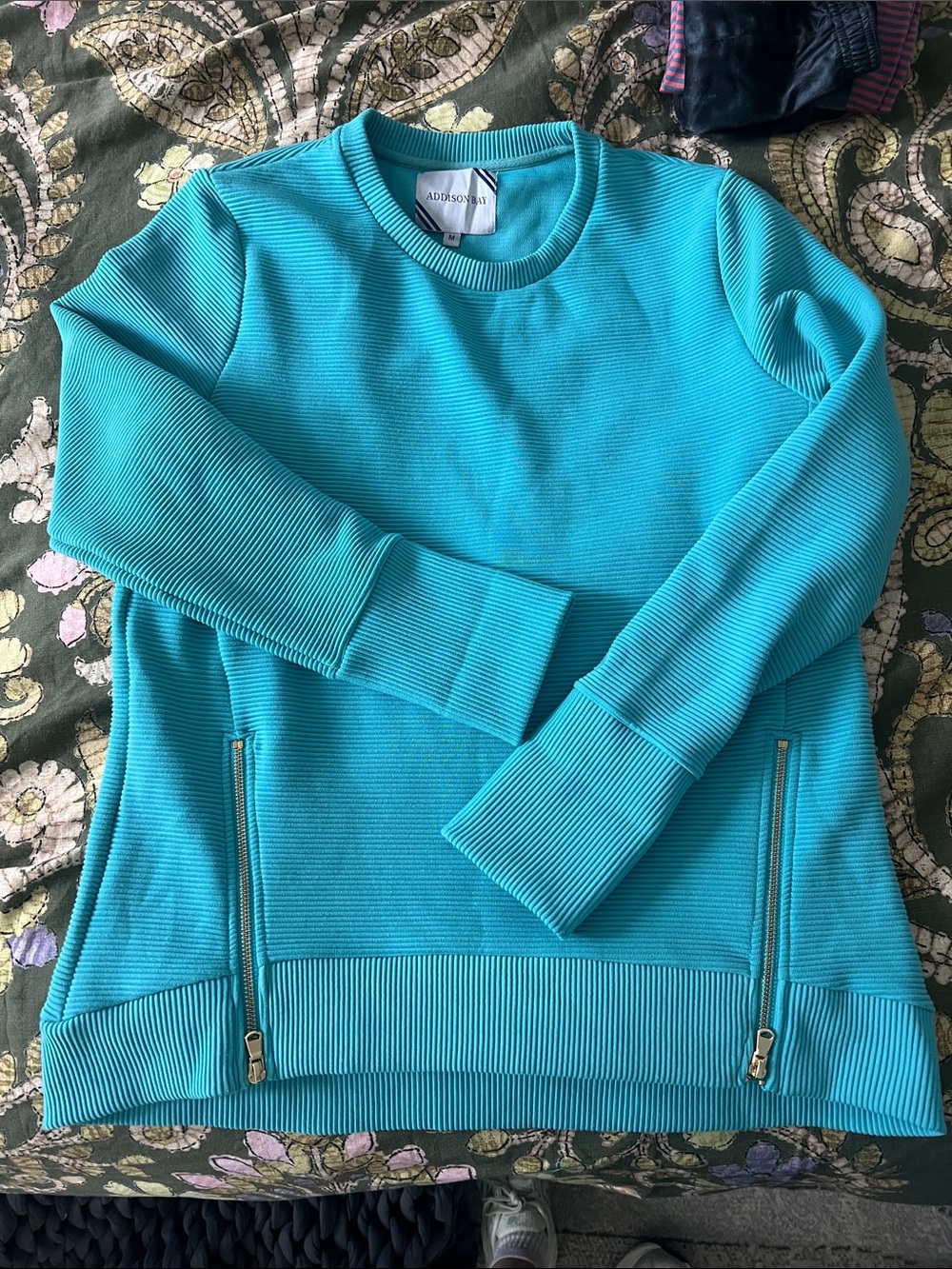 Addison Bay Turquoise Ribbed Crewneck Sweater with Zip Pockets